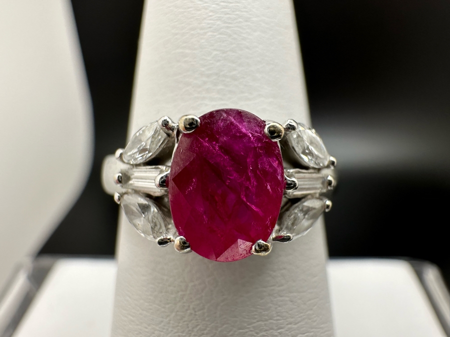 18K Gold Oval Shape Ruby (Lead Glass Fracture Filled) Accented With 2 Baguette Diamonds And 4 Marquise Shape Diamonds G-H Color Si1 Clarity Est. .40cttw Ruby 8mm X 6mm Size 7.25 5.2g Estimated Fair Market Value $1,200 Retail $3,600 [Photo 3]