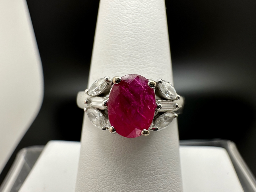 18K Gold Oval Shape Ruby (Lead Glass Fracture Filled) Accented With 2 Baguette Diamonds And 4 Marquise Shape Diamonds G-H Color Si1 Clarity Est. .40cttw Ruby 8mm X 6mm Size 7.25 5.2g Estimated Fair Market Value $1,200 Retail $3,600 [Photo 2]