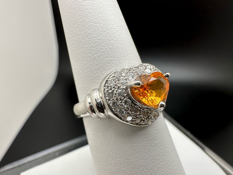 18K Gold Orange Stone (Untested) Set With 33 Round Brilliant Diamonds Est. .50cttw Size 7 5.3g [Photo 6]