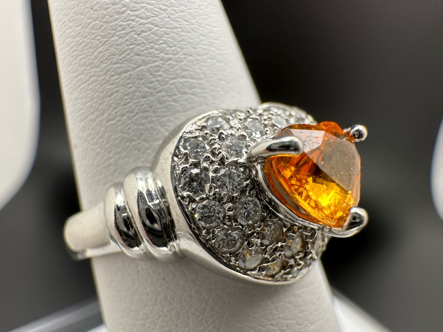 18K Gold Orange Stone (Untested) Set With 33 Round Brilliant Diamonds Est. .50cttw Size 7 5.3g [Photo 8]