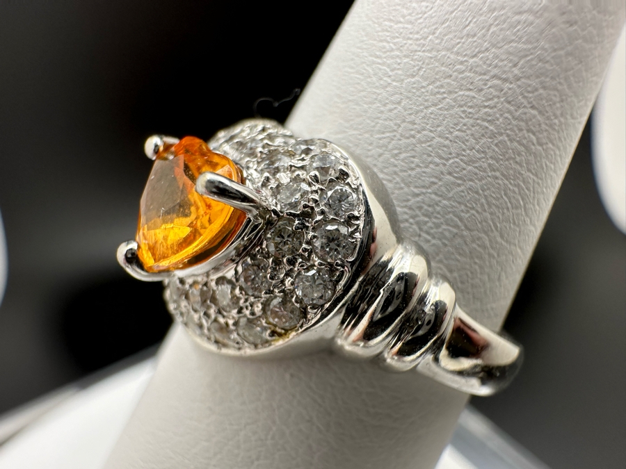 18K Gold Orange Stone (Untested) Set With 33 Round Brilliant Diamonds Est. .50cttw Size 7 5.3g [Photo 12]