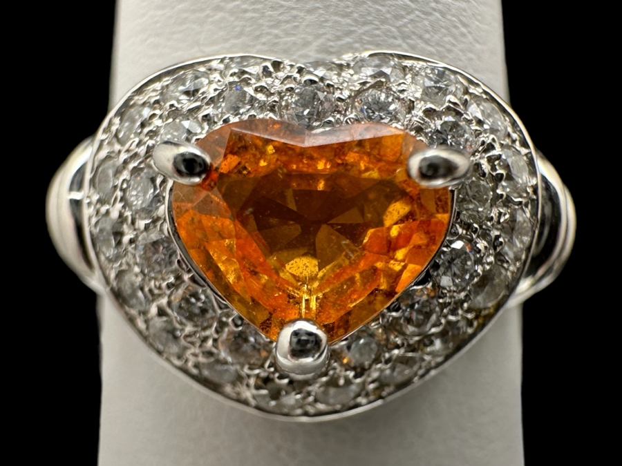 18K Gold Orange Stone (Untested) Set With 33 Round Brilliant Diamonds Est. .50cttw Size 7 5.3g [Photo 1]