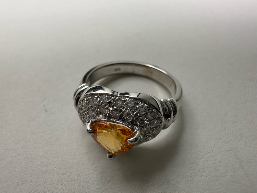 18K Gold Orange Stone (Untested) Set With 33 Round Brilliant Diamonds Est. .50cttw Size 7 5.3g [Photo 13]
