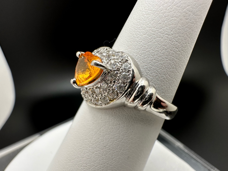 18K Gold Orange Stone (Untested) Set With 33 Round Brilliant Diamonds Est. .50cttw Size 7 5.3g [Photo 10]