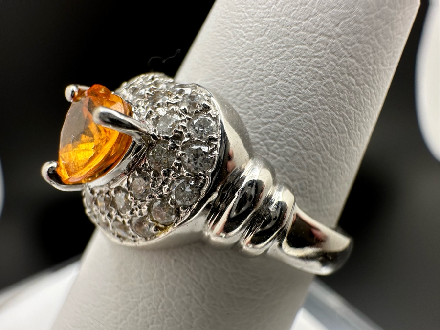 18K Gold Orange Stone (Untested) Set With 33 Round Brilliant Diamonds Est. .50cttw Size 7 5.3g [Photo 11]