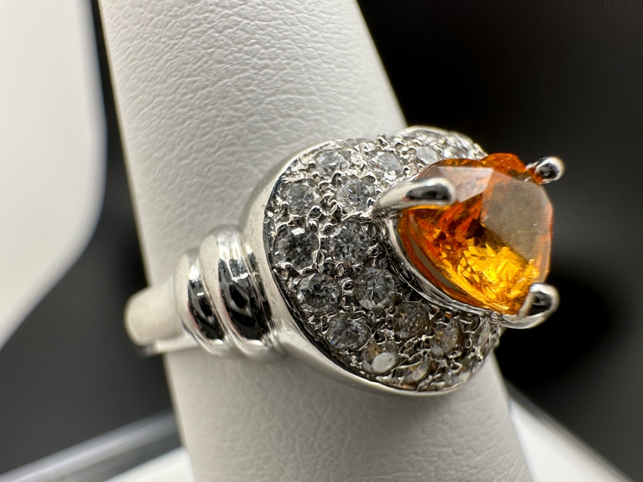 18K Gold Orange Stone (Untested) Set With 33 Round Brilliant Diamonds Est. .50cttw Size 7 5.3g [Photo 7]