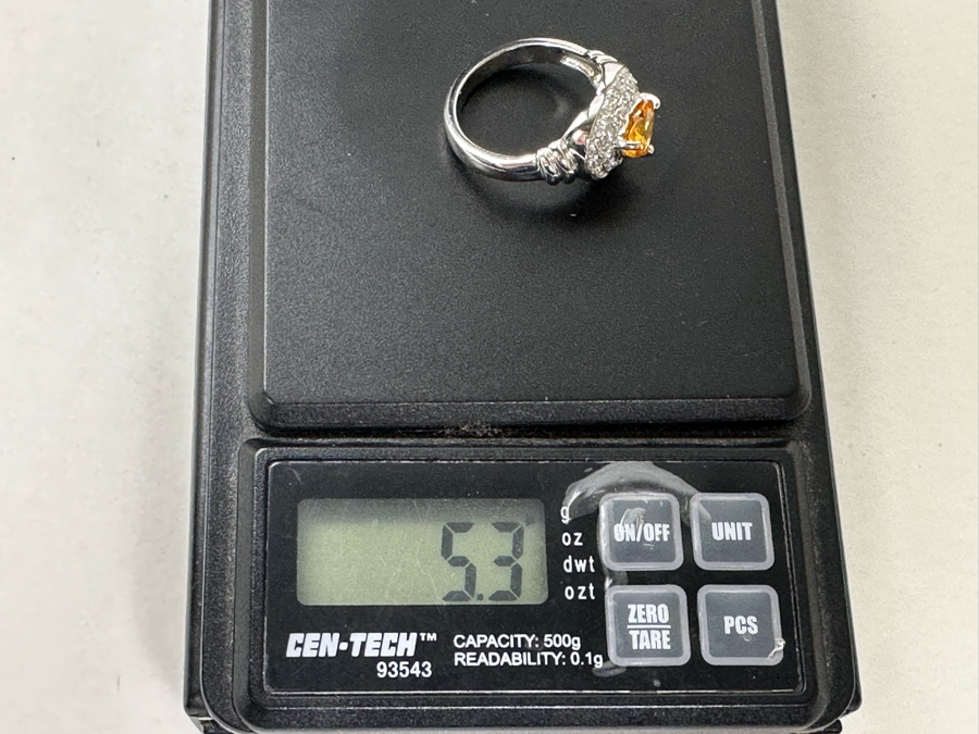 18K Gold Orange Stone (Untested) Set With 33 Round Brilliant Diamonds Est. .50cttw Size 7 5.3g [Photo 17]