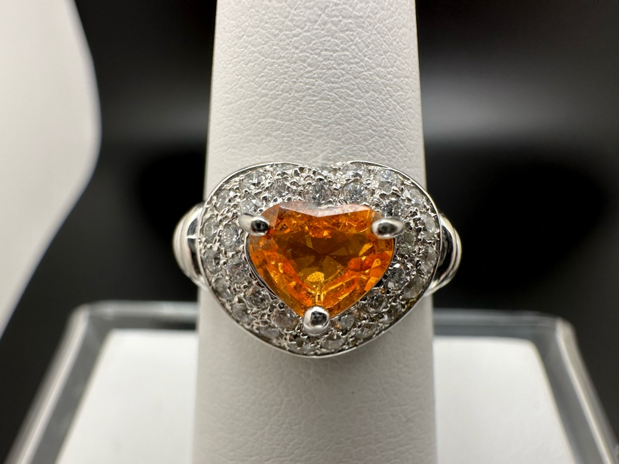18K Gold Orange Stone (Untested) Set With 33 Round Brilliant Diamonds Est. .50cttw Size 7 5.3g [Photo 3]