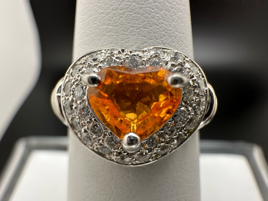 18K Gold Orange Stone (Untested) Set With 33 Round Brilliant Diamonds Est. .50cttw Size 7 5.3g [Photo 4]