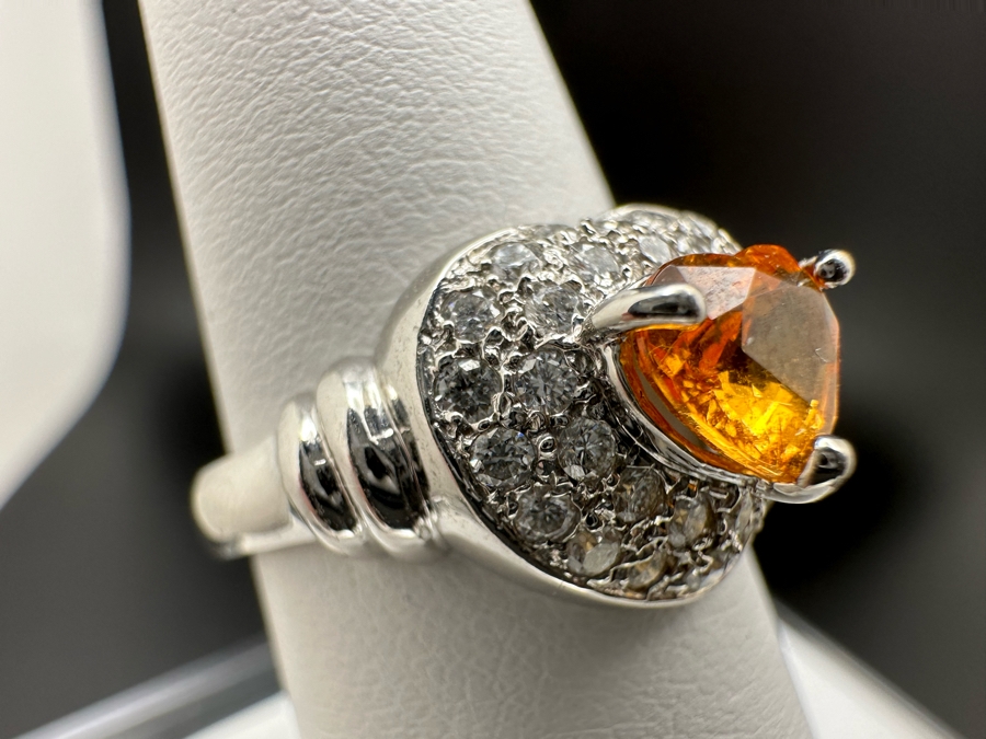 18K Gold Orange Stone (Untested) Set With 33 Round Brilliant Diamonds Est. .50cttw Size 7 5.3g [Photo 9]