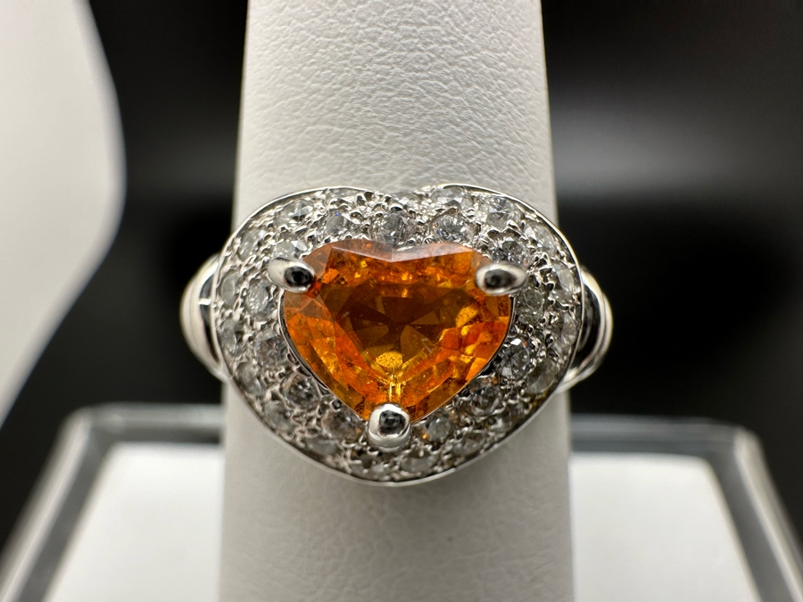 18K Gold Orange Stone (Untested) Set With 33 Round Brilliant Diamonds Est. .50cttw Size 7 5.3g [Photo 5]