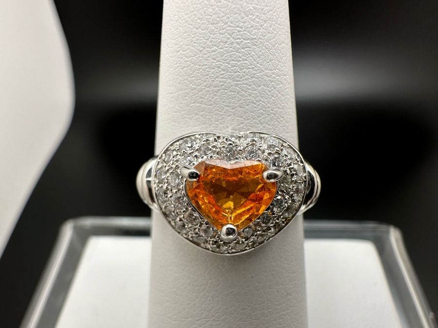 18K Gold Orange Stone (Untested) Set With 33 Round Brilliant Diamonds Est. .50cttw Size 7 5.3g [Photo 2]