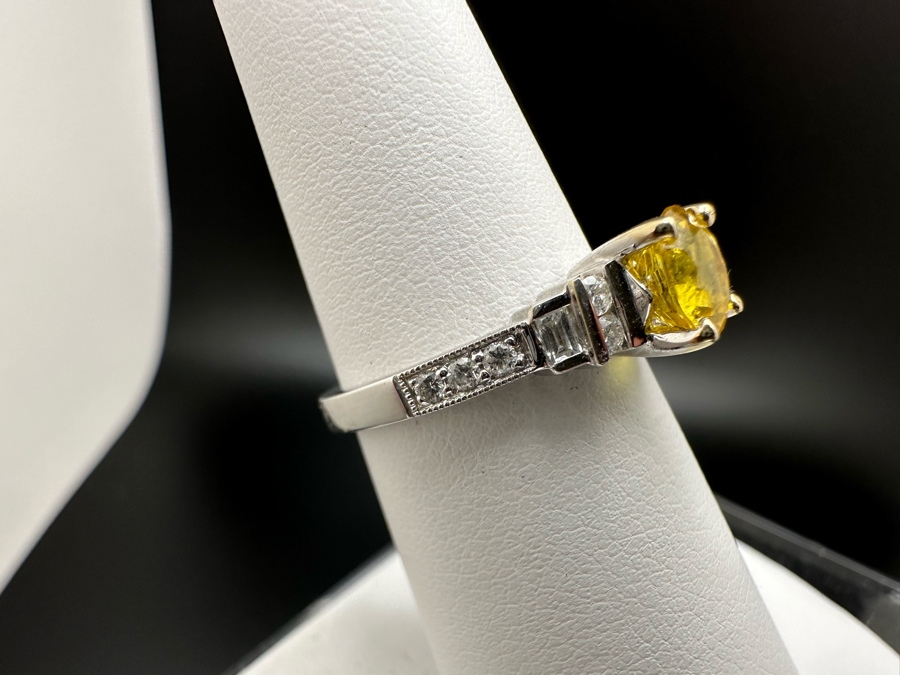 18K Gold Golden Quartz Ring 1.54RI Double Refractive 6mm Round Brilliant Cut Est. 1cttw Set With Diamonds Est. .26cttw Size 6.25 3.5g Estimated Fair Market Value $800 Retails $2,400 [Photo 7]