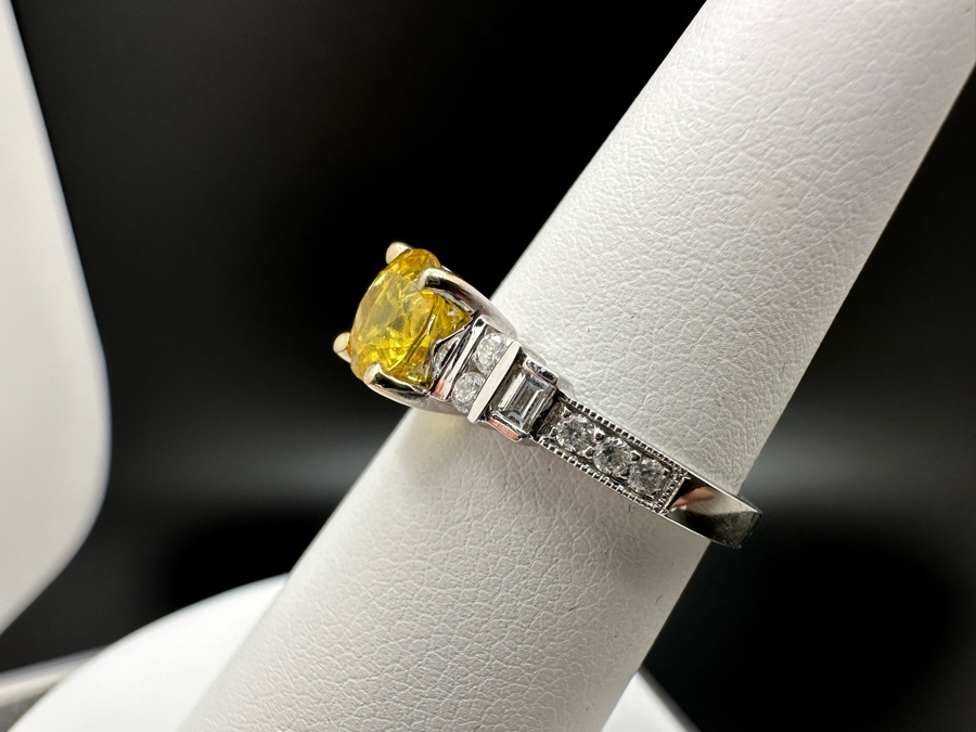 18K Gold Golden Quartz Ring 1.54RI Double Refractive 6mm Round Brilliant Cut Est. 1cttw Set With Diamonds Est. .26cttw Size 6.25 3.5g Estimated Fair Market Value $800 Retails $2,400 [Photo 10]