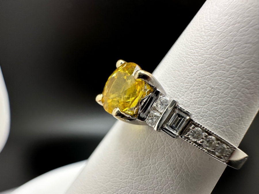 18K Gold Golden Quartz Ring 1.54RI Double Refractive 6mm Round Brilliant Cut Est. 1cttw Set With Diamonds Est. .26cttw Size 6.25 3.5g Estimated Fair Market Value $800 Retails $2,400 [Photo 11]