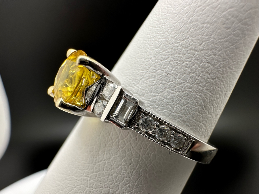 18K Gold Golden Quartz Ring 1.54RI Double Refractive 6mm Round Brilliant Cut Est. 1cttw Set With Diamonds Est. .26cttw Size 6.25 3.5g Estimated Fair Market Value $800 Retails $2,400 [Photo 13]