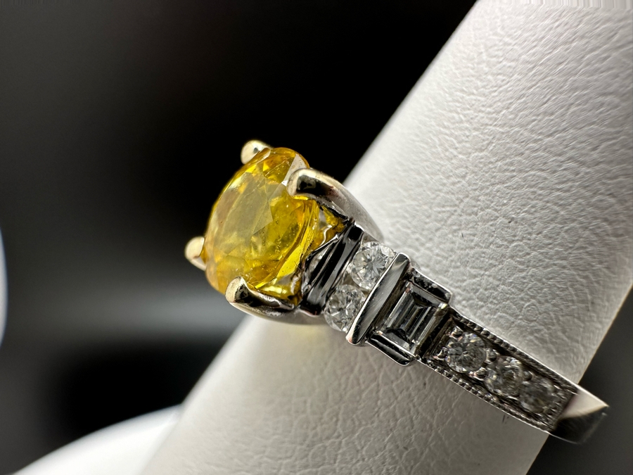 18K Gold Golden Quartz Ring 1.54RI Double Refractive 6mm Round Brilliant Cut Est. 1cttw Set With Diamonds Est. .26cttw Size 6.25 3.5g Estimated Fair Market Value $800 Retails $2,400 [Photo 12]
