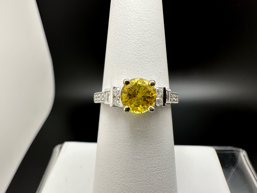 18K Gold Golden Quartz Ring 1.54RI Double Refractive 6mm Round Brilliant Cut Est. 1cttw Set With Diamonds Est. .26cttw Size 6.25 3.5g Estimated Fair Market Value $800 Retails $2,400 [Photo 3]