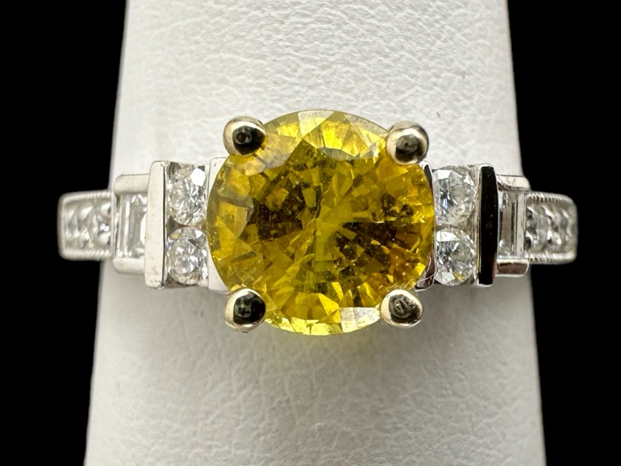 18K Gold Golden Quartz Ring 1.54RI Double Refractive 6mm Round Brilliant Cut Est. 1cttw Set With Diamonds Est. .26cttw Size 6.25 3.5g Estimated Fair Market Value $800 Retails $2,400 [Photo 2]