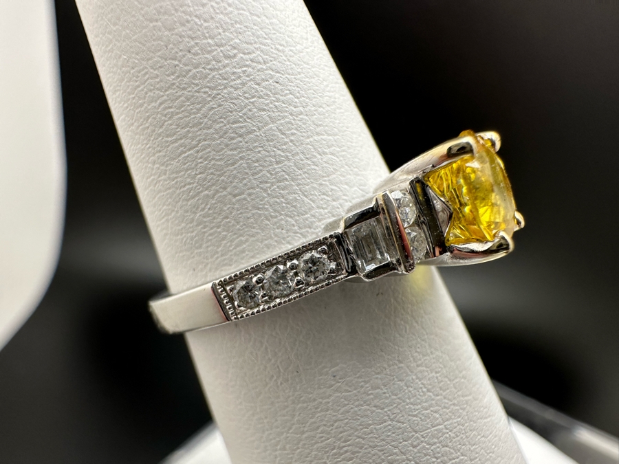 18K Gold Golden Quartz Ring 1.54RI Double Refractive 6mm Round Brilliant Cut Est. 1cttw Set With Diamonds Est. .26cttw Size 6.25 3.5g Estimated Fair Market Value $800 Retails $2,400 [Photo 8]