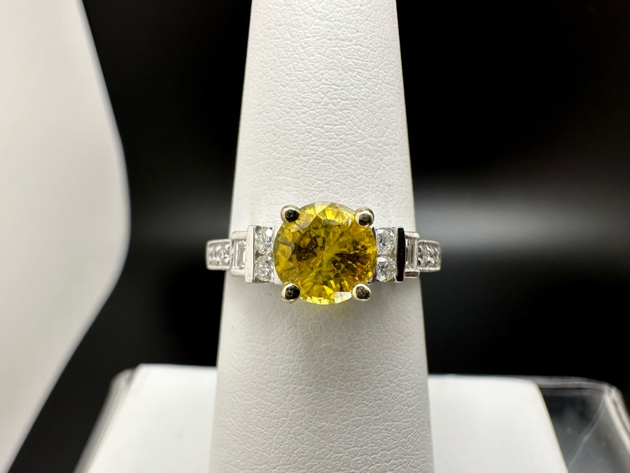 18K Gold Golden Quartz Ring 1.54RI Double Refractive 6mm Round Brilliant Cut Est. 1cttw Set With Diamonds Est. .26cttw Size 6.25 3.5g Estimated Fair Market Value $800 Retails $2,400 [Photo 5]