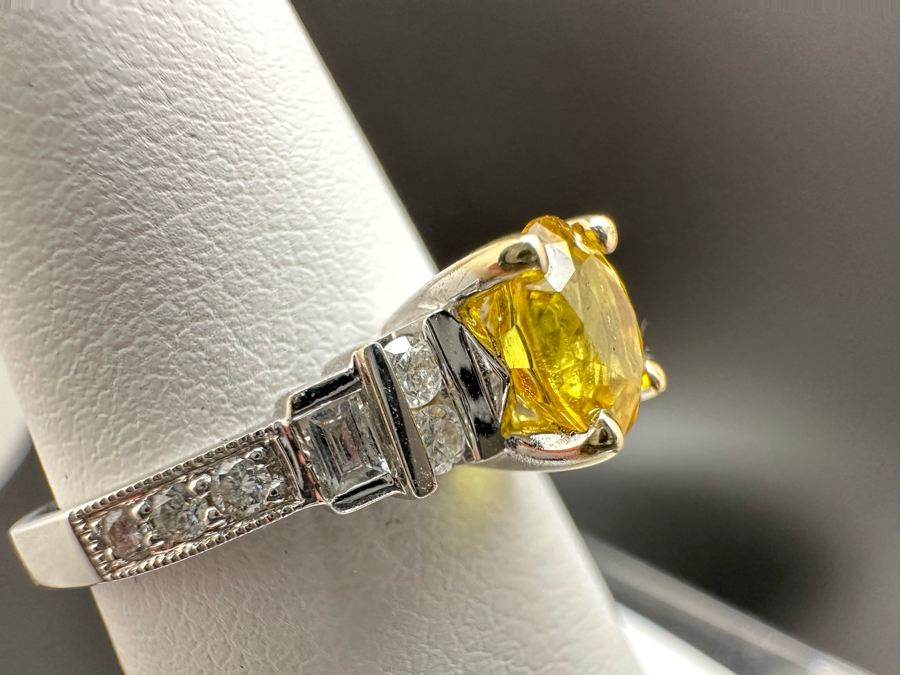 18K Gold Golden Quartz Ring 1.54RI Double Refractive 6mm Round Brilliant Cut Est. 1cttw Set With Diamonds Est. .26cttw Size 6.25 3.5g Estimated Fair Market Value $800 Retails $2,400 [Photo 9]