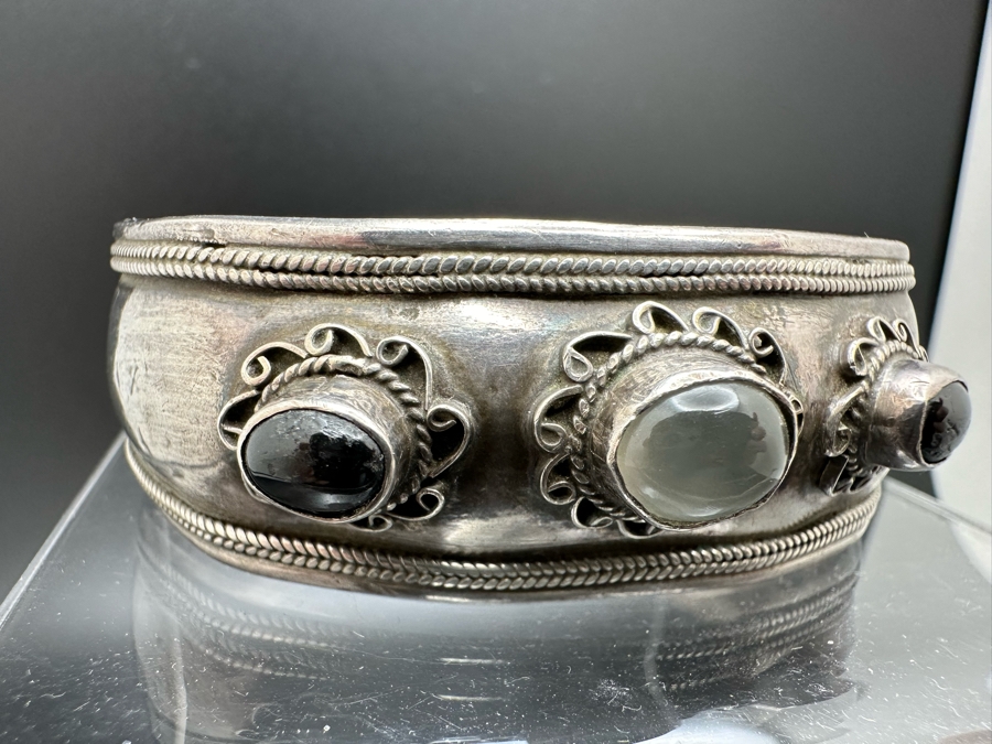 Vintage Sterling Silver Bangle Bracelet With Stones 2.5W 23.3g [Photo 3]