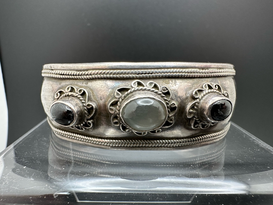 Vintage Sterling Silver Bangle Bracelet With Stones 2.5W 23.3g [Photo 2]