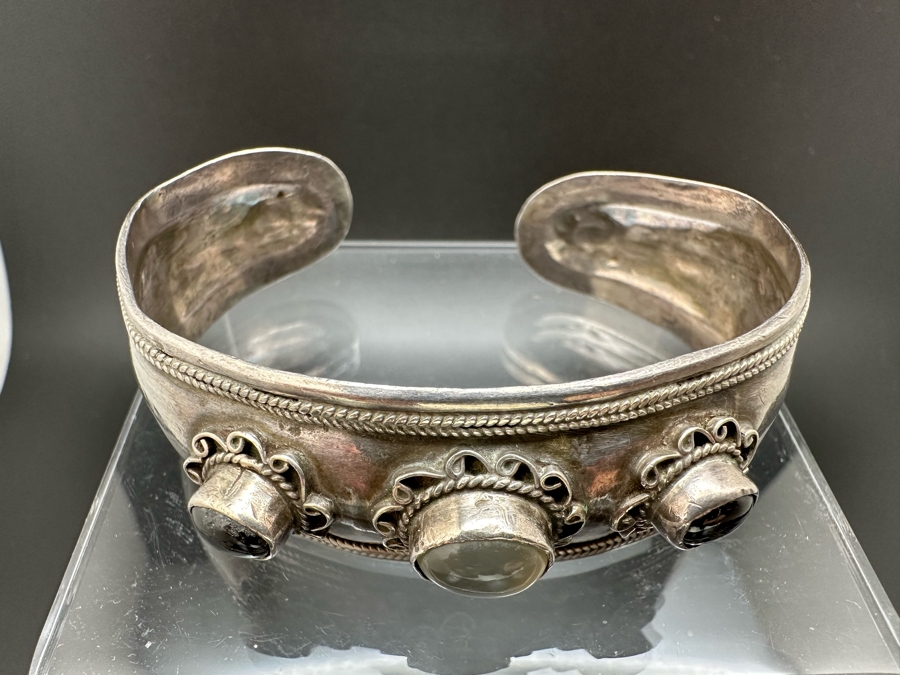 Vintage Sterling Silver Bangle Bracelet With Stones 2.5W 23.3g [Photo 4]