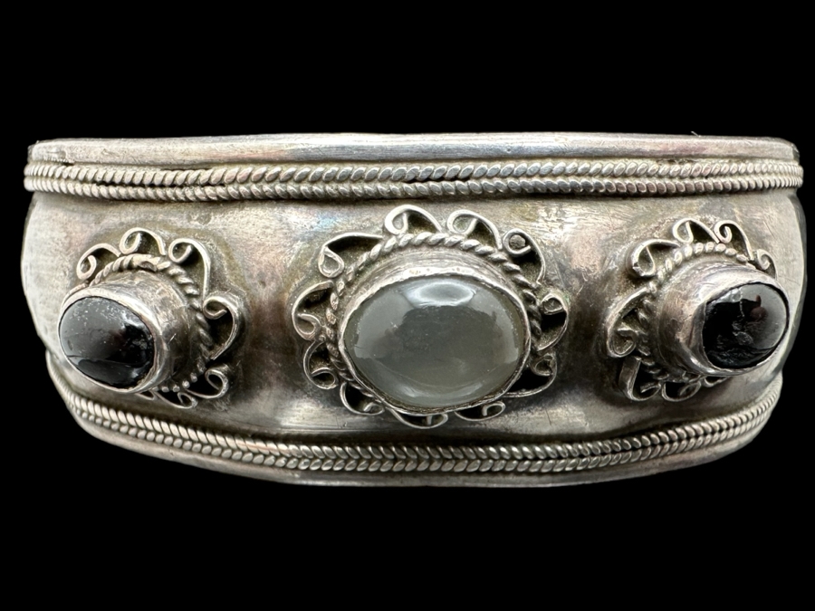 Vintage Sterling Silver Bangle Bracelet With Stones 2.5W 23.3g