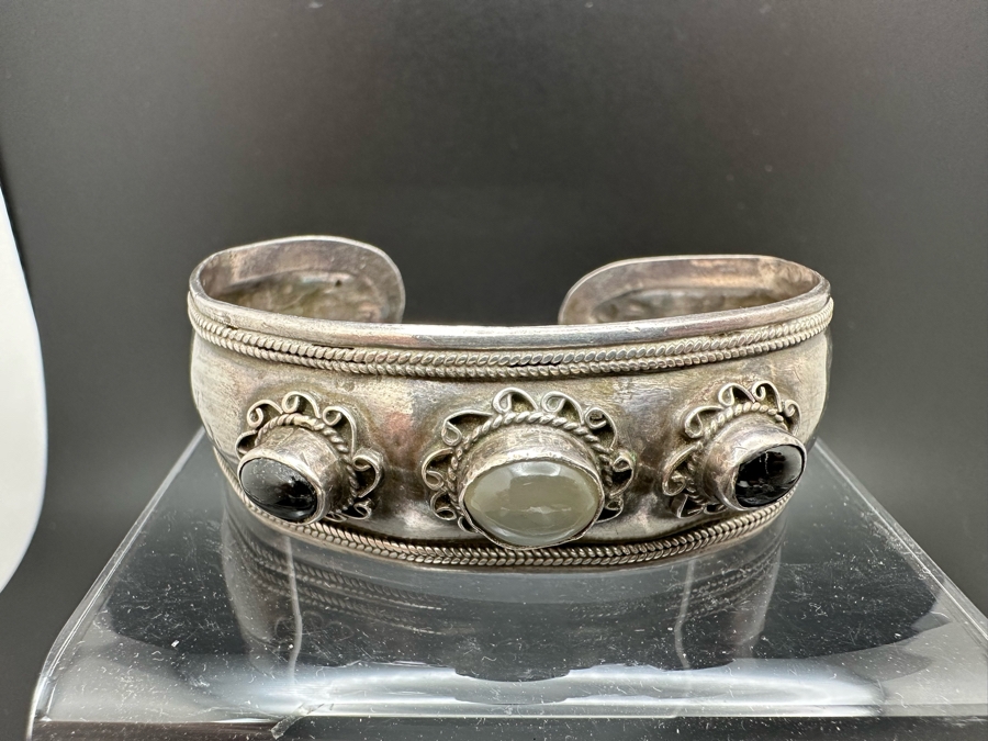 Vintage Sterling Silver Bangle Bracelet With Stones 2.5W 23.3g [Photo 5]