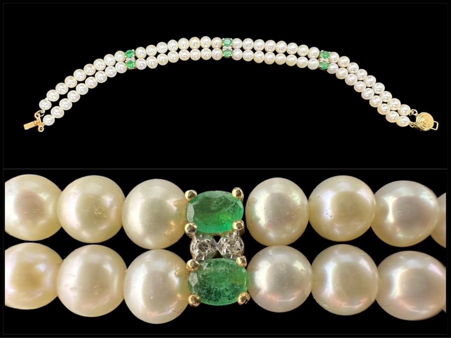 14K Gold Pearl Bracelet With Emerald Stones 7.5L 12.7g