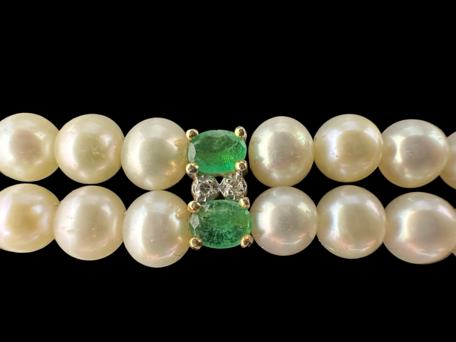 14K Gold Pearl Bracelet With Emerald Stones 7.5L 12.7g [Photo 2]
