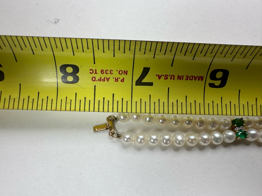 14K Gold Pearl Bracelet With Emerald Stones 7.5L 12.7g [Photo 8]