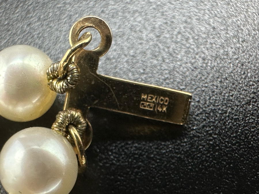 14K Gold Pearl Bracelet With Emerald Stones 7.5L 12.7g [Photo 7]