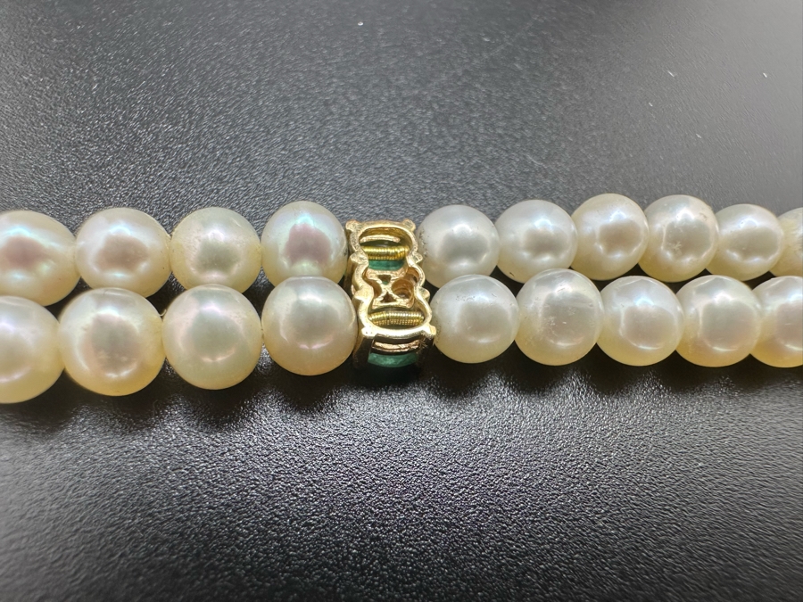 14K Gold Pearl Bracelet With Emerald Stones 7.5L 12.7g [Photo 4]