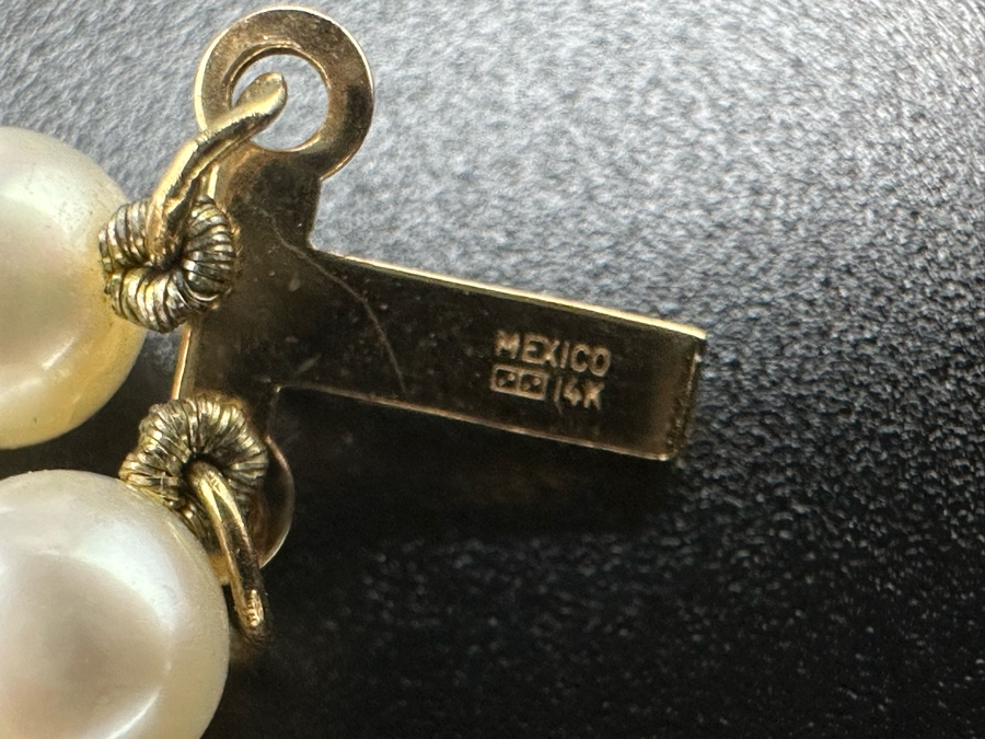 14K Gold Pearl Bracelet With Emerald Stones 7.5L 12.7g [Photo 6]