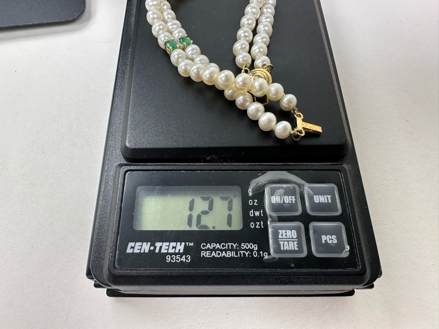 14K Gold Pearl Bracelet With Emerald Stones 7.5L 12.7g [Photo 9]