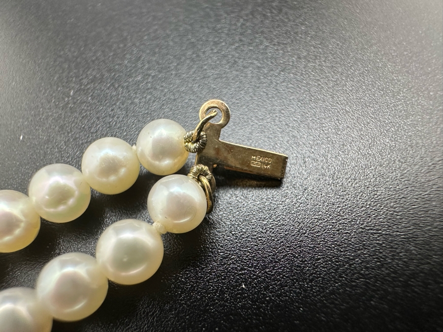 14K Gold Pearl Bracelet With Emerald Stones 7.5L 12.7g [Photo 5]