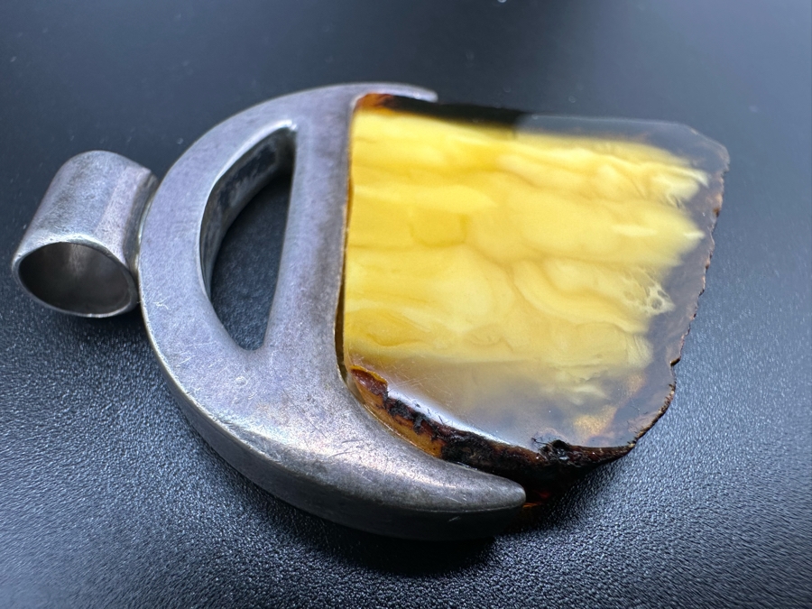 Vintage Modernist Sterling Silver Amber Pendant 13.3g [Photo 5]