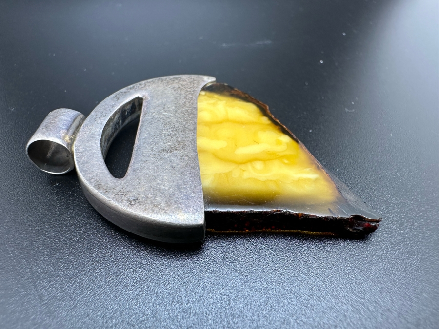 Vintage Modernist Sterling Silver Amber Pendant 13.3g [Photo 4]