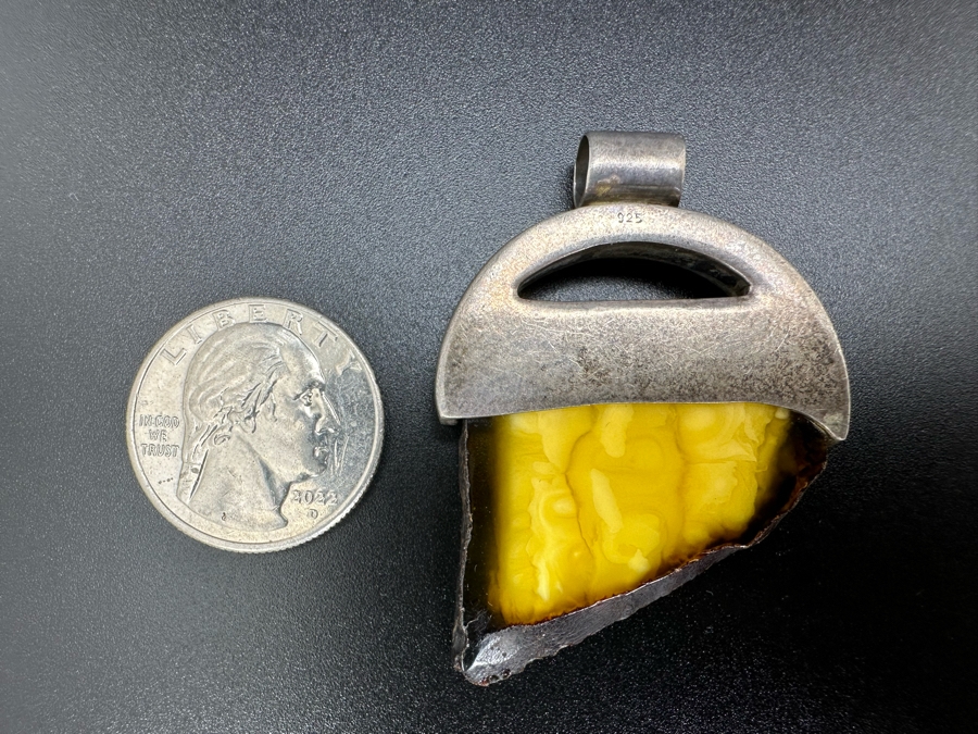 Vintage Modernist Sterling Silver Amber Pendant 13.3g [Photo 6]