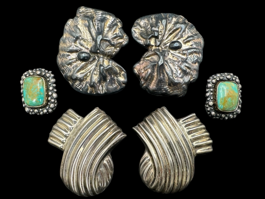 Sterling Silver / 14K Gold Turquoise Clip-On Earrings And Pair Of Sterling Silver Clip-On Earrings 59.1g [Photo 1]
