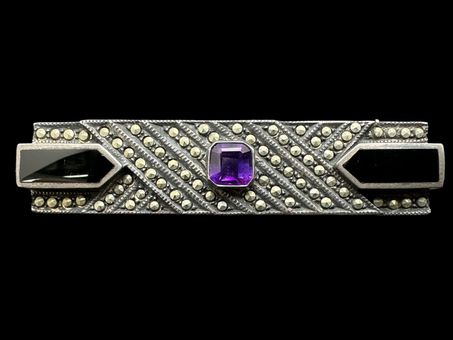 Vintage Sterling Silver, Amethyst, Black Onyx And Marcasites Brooch Pins 2L 8g