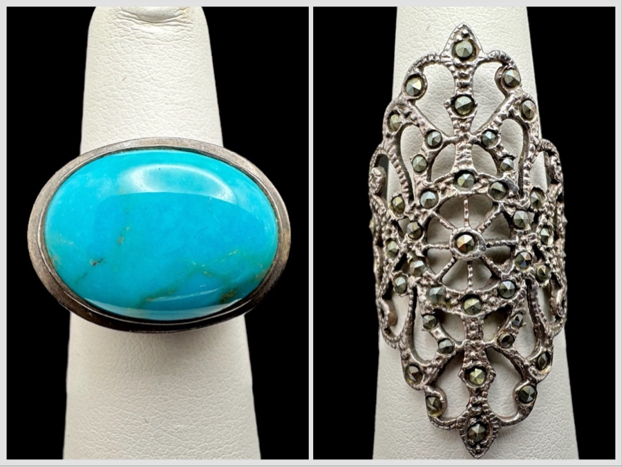 Vintage Sterling Silver Turquoise Ring Size 6 And Vintage Sterling Silver Ring Size 7 17.8g [Photo 1]