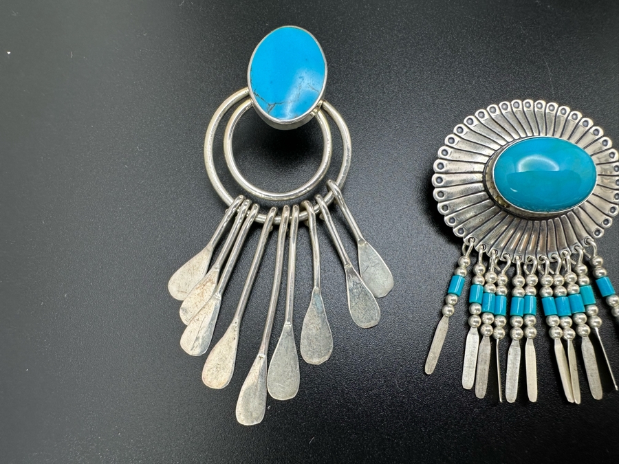 Sterling Silver Turquoise Pendant Brooch Pin And Sterling Silver Turquoise Earrings 29.1g [Photo 3]