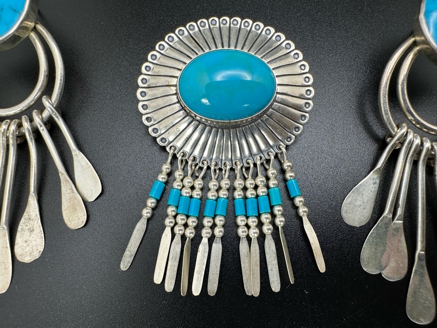 Sterling Silver Turquoise Pendant Brooch Pin And Sterling Silver Turquoise Earrings 29.1g [Photo 2]
