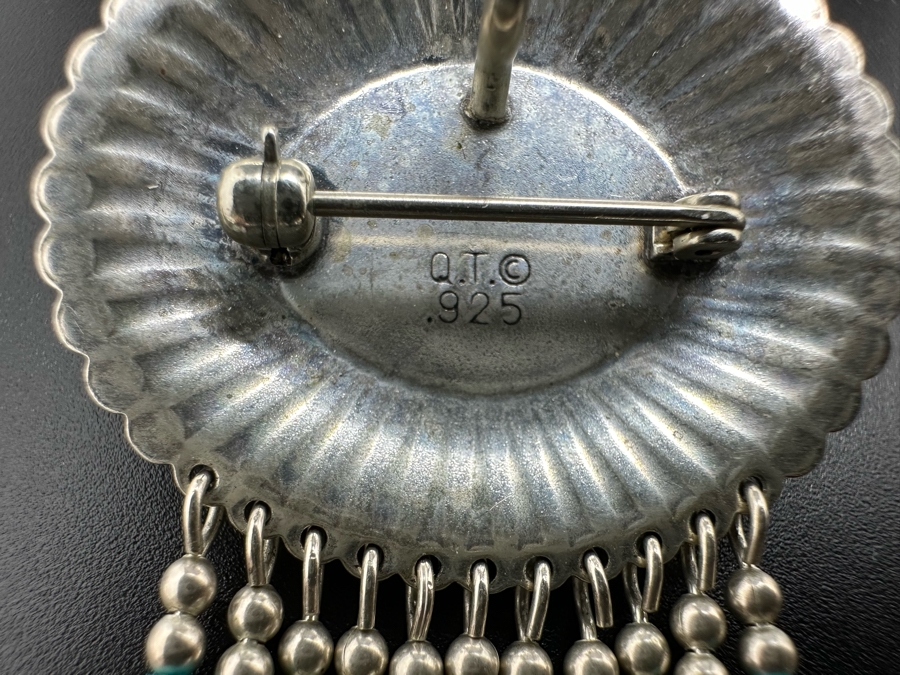 Sterling Silver Turquoise Pendant Brooch Pin And Sterling Silver Turquoise Earrings 29.1g [Photo 6]