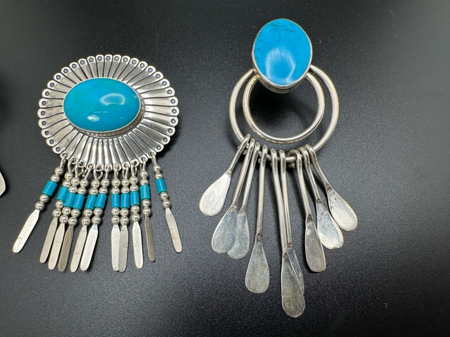 Sterling Silver Turquoise Pendant Brooch Pin And Sterling Silver Turquoise Earrings 29.1g [Photo 4]