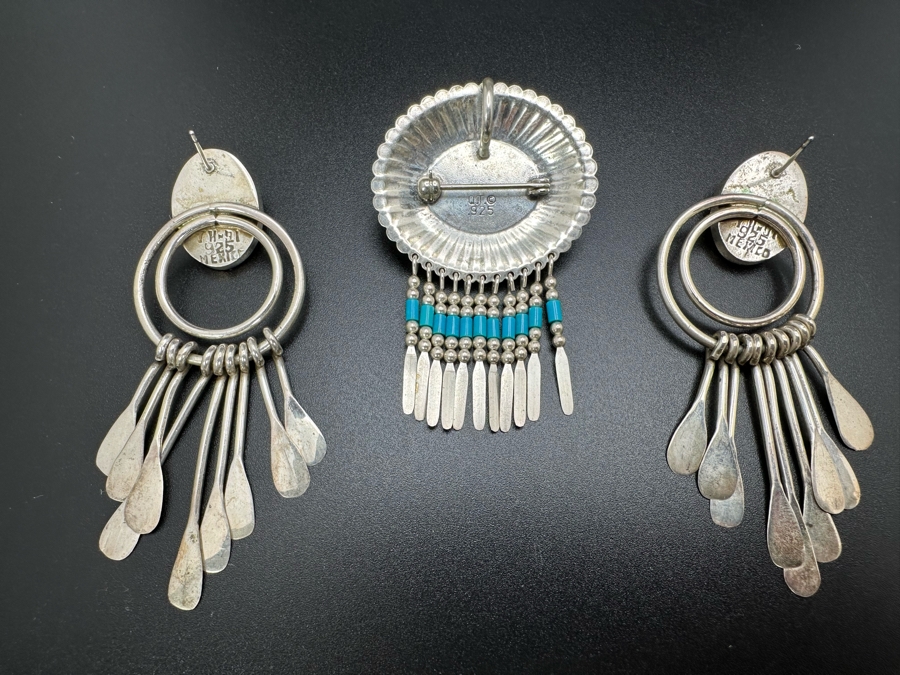 Sterling Silver Turquoise Pendant Brooch Pin And Sterling Silver Turquoise Earrings 29.1g [Photo 5]
